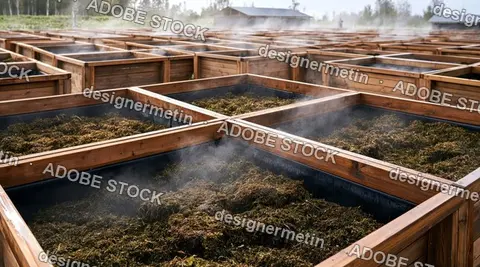 Large Rows Of Wooden Composting Bins Filled With Steaming Organic Fertilizer Processing At An Industrial Farm Under A Misty Gray Sky