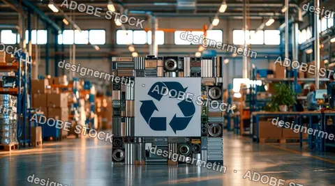 Large Recycling Symbol, Made Of Metal Waste, Standing Prominently In A Spacious Industrial Warehouse