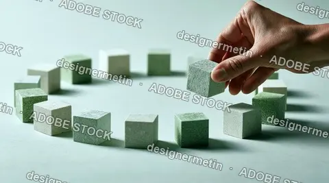 Hand Placing A Green Building Block Into A Circle Of Other Blocks On A Light Blue Surface