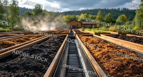 Organic Compost Beds With Dark Soil And Lighter Wood Chips In An Outdoor Garden Setting