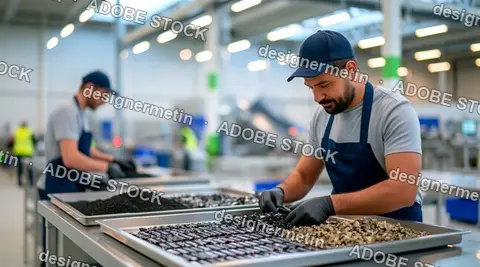Manual Worker Sorting Small Objects On A Production Line In A Modern Factory