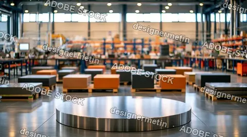 Large, Modern Industrial Warehouse Interior With Shiny Metal Disc In Foreground And Blurry Background