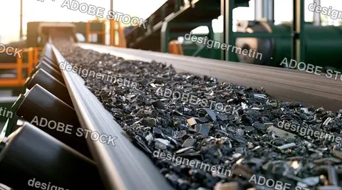 Industrial Conveyor Belt Moving With Small Pieces Of Recycled Waste And Raw Materials