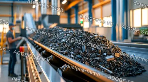 Industrial Conveyor Belt Moving A Large Pile Of Recycled Plastic And Metal Debris In A Factory Setting