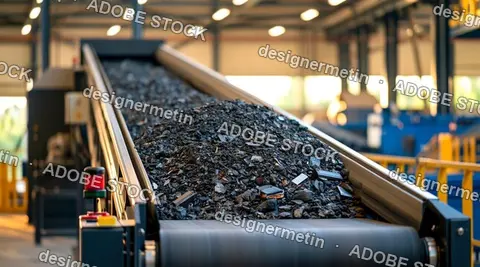 Industrial Conveyor Belt Moving A Large Pile Of Black Coal Or Recycled Materials In A Factory
