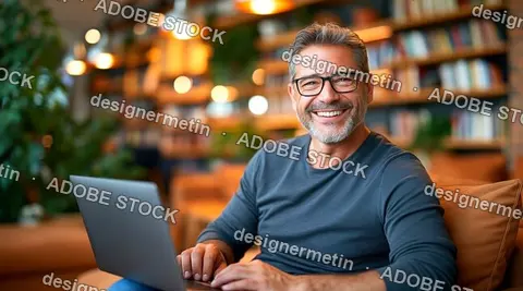 Happy Middle-Aged Man With Glasses Smiling While Working On A Laptop In A Cozy Cafe
