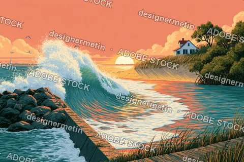 Coastal Sunset With Crashing Waves Against Rocks, A Beach House On A Hill, And Calm Waters Nearby