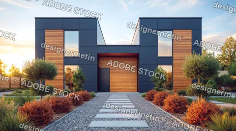 Modern Luxury House Facade With Minimalist Design And Wooden Accents At Sunset