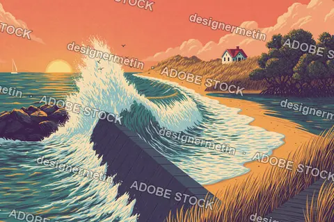 Dynamic Ocean Waves Crashing Against A Seawall At Sunset With A Distant Beach House