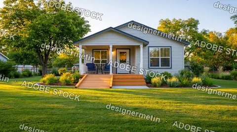 Charming Small Cottage House With A Porch And Green Lawn On A Sunny Day