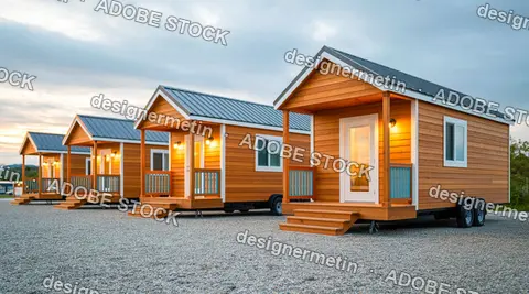 Row Of Modern Tiny Wooden Houses On Wheels With Illuminated Porches At Dusk