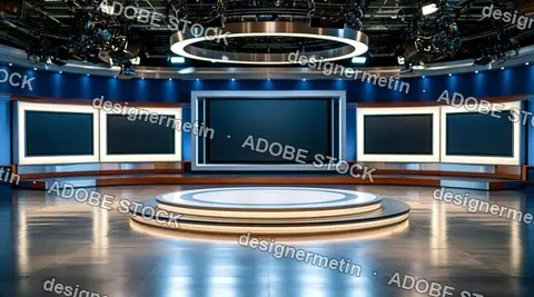 Modern Virtual Tv Studio With Multiple Screens And A Central Circular Platform