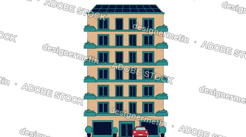 Flat Vector Illustration Of A Sustainable Apartment Building With Solar Panels And Car