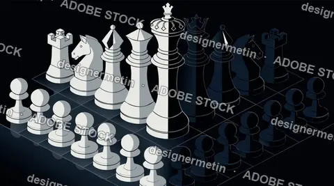 Isometric Chess Pieces Vector Standing On A Dark Board With A Black Background
