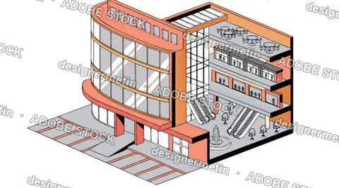 Isometric Shopping Mall Building Showing Interior Floors And Exterior Facade Vector