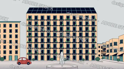 Modern Apartment Building With Solar Panels And Red Car In City Square Vector Illustration
