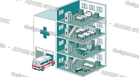 Vector Isometric Section Of A Four-Story Hospital Building With Medical Rooms