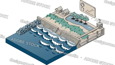 Coastal Defense System Vector Diagram Sea Wall Mangroves Houses