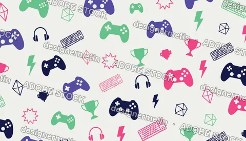 Vibrant Gaming Elements Vector Background With Controllers Headsets And Trophies