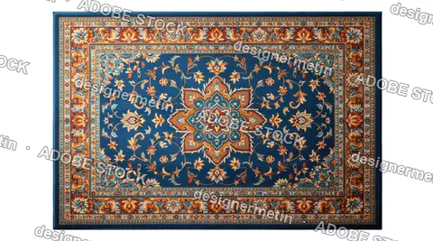 Classic Blue Oriental Area Rug With Floral Medallion, Isolated On Transparent Background, Png