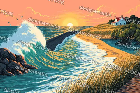Retro Pixel Art Of Ocean Waves Crashing On A Coastal Shore At Sunset