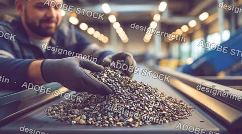 Worker Inspecting Crushed Mineral Ore On A Conveyor Belt In A Factory