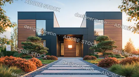 Modern Luxury House Facade With Landscaped Garden And Stone Walkway