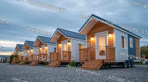 Row Of Modern Tiny Houses On Wheels With Warm Lights At Twilight