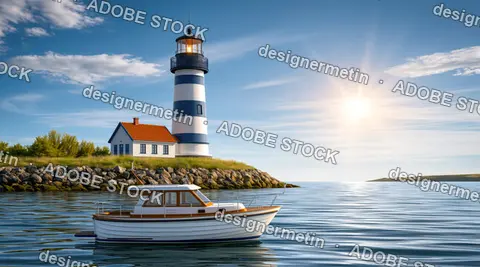 Small Boat Floating On Calm Water Near A Striped Lighthouse On A Sunny Day