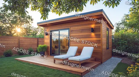 Modern Wooden Backyard Office Cabin With Patio Deck And Lounge Chairs