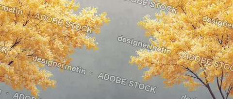 Golden Yellow Autumn Tree Branches On A Textured Gray Wall