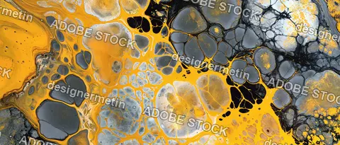 Yellow And Grey Fluid Acrylic Painting Background With Abstract Cell Textures