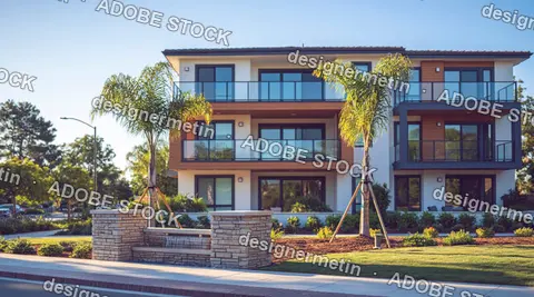 Modern Luxury Apartment Building With Palm Trees And Green Lawn