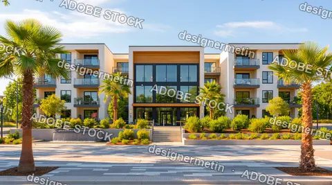 Modern Luxury Apartment Complex Exterior With Palm Trees On Sunny Day
