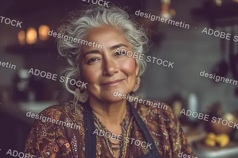 Smiling Mature Woman With Curly Grey Hair In Rustic Kitchen