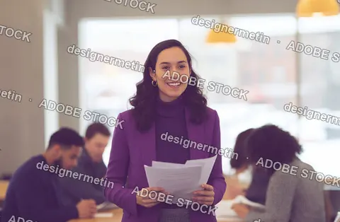 Young Businesswoman In Purple Blazer Presenting Documents In Office Meeting
