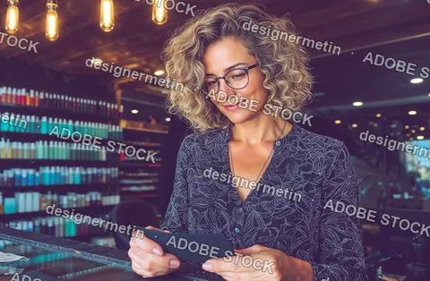 Smiling Woman With Curly Hair Looking At Card In Beauty Salon
