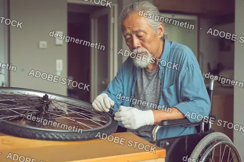 Senior Asian Man In Wheelchair Repairing A Bicycle Wheel At Home