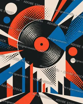 Retro Abstract Vinyl Record Poster With Geometric Shapes And City Skyline