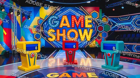 Colorful Television Game Show Studio Set With Contestant Podiums