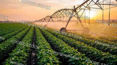 Irrigation System Watering Green Soybean Field At Sunset