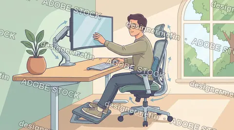 Ergonomic Workspace Setup With Man Adjusting Monitor At Desk Illustration