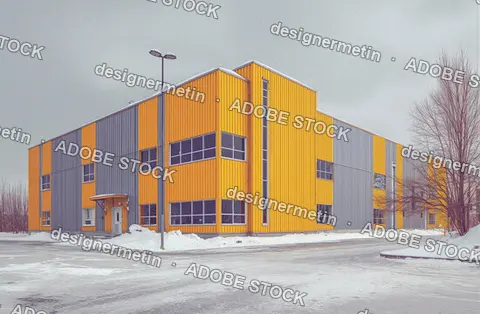 Modern Yellow And Grey Industrial Office Building In Winter Snow