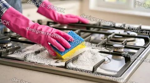 Woman In Pink Gloves Cleaning Gas Stove With Soapy Sponge In Kitchen