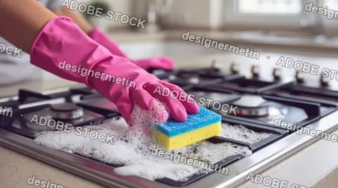 Woman Cleaning A Gas Stove With Soapy Sponge In The Modern Kitchen