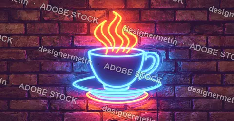 Glowing Neon Coffee Cup And Saucer Sign On A Brick Wall