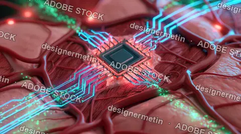 Bionic Microchip Integrated With Organic Tissue And Glowing Circuit Tracks