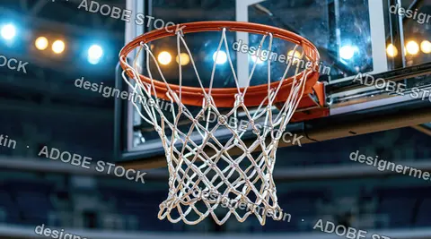 Close-Up Of Basketball Hoop And Net Inside An Illuminated Arena