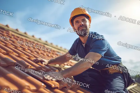 Roofer Installing Ceramic Tiles On A House Roof Under Sunny Blue Sky