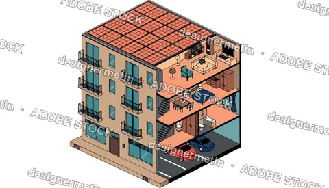 Isometric Vector Cutaway Of A Modern Apartment Building With Solar Roof
